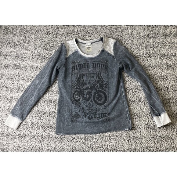 Vocal Rebel Rock Motorcycle Club Womens Medium Long Sleeve Top Rhinestone Grunge - Picture 1 of 9